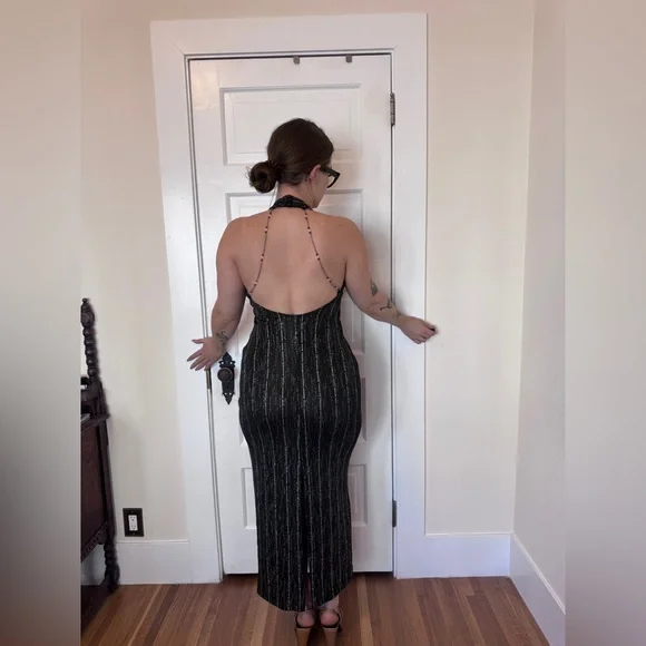 90s Vintage Fredricks of Hollywood Slinky Black Halter Dress w Beaded Chains - Picture 3 of 9